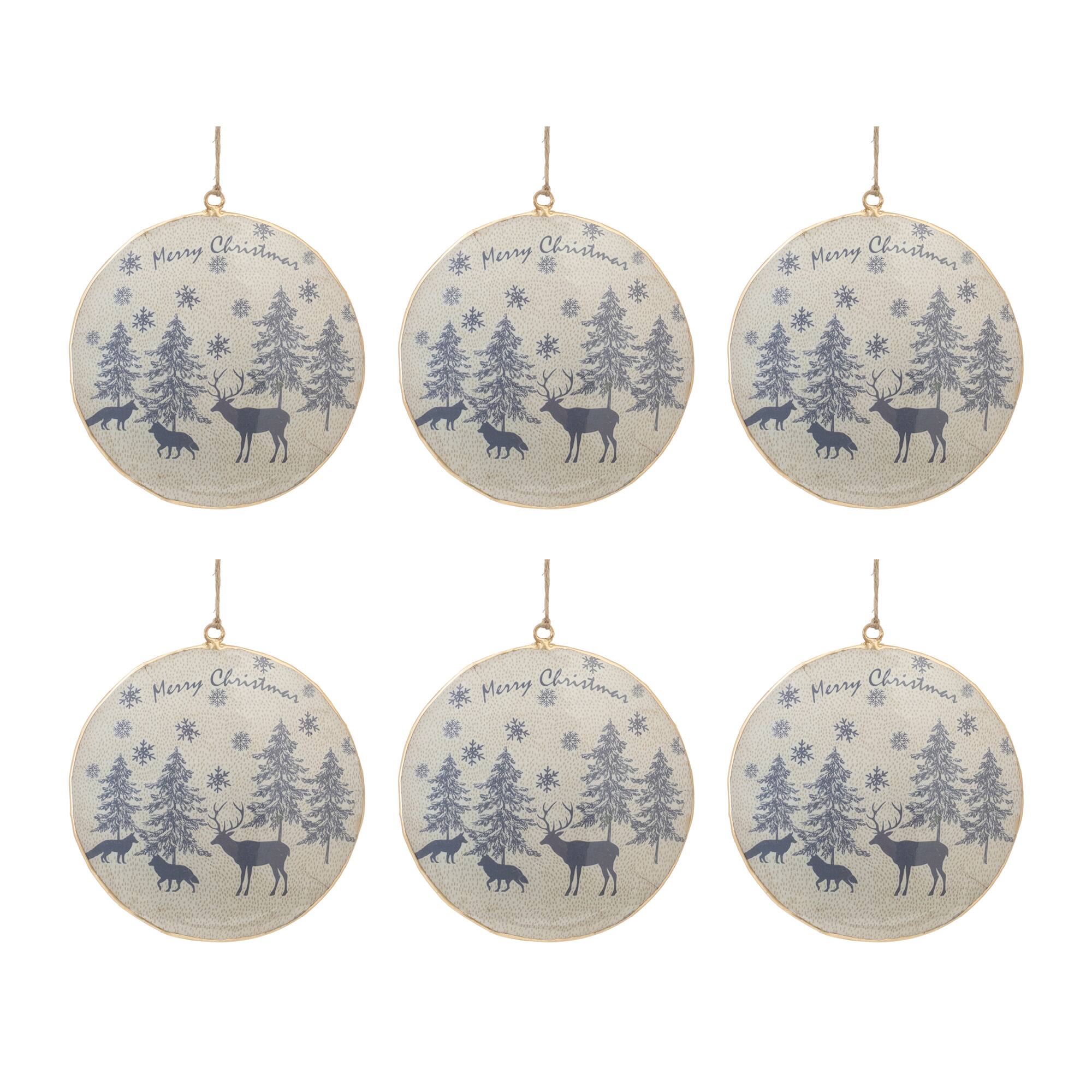 6" Metal Woodland Animal Merry Christmas Disc Ornaments, 6ct.